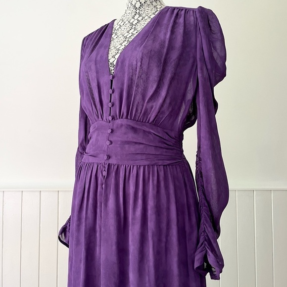 Zara Purple Jacquard Pleated Puff Sleeve Midi Dress Size S - Picture 5 of 16